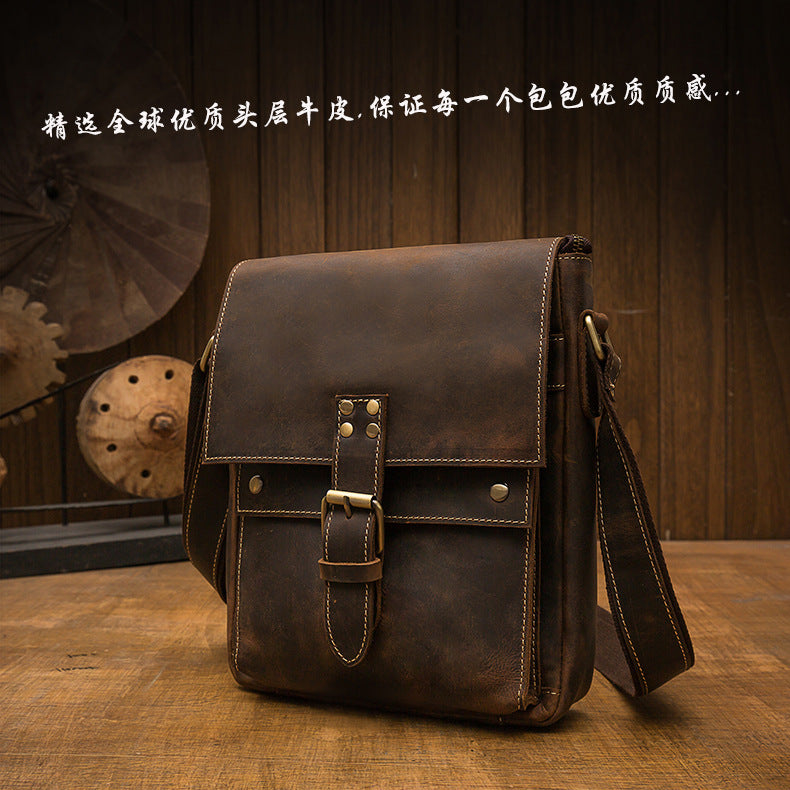 Men's Shoulder Bag Cowhide Genuine Leather Crazy Horse Retro Unique Casual Fashion Crossbody Bag for Men 