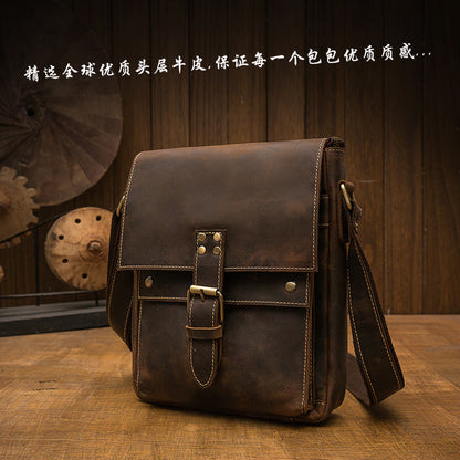 Men's Shoulder Bag Cowhide Genuine Leather Crazy Horse Retro Unique Casual Fashion Crossbody Bag for Men 