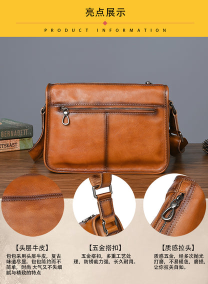 Men's Shoulder Bag Genuine Cowhide Leather Retro Casual Male Crossbody Bag 