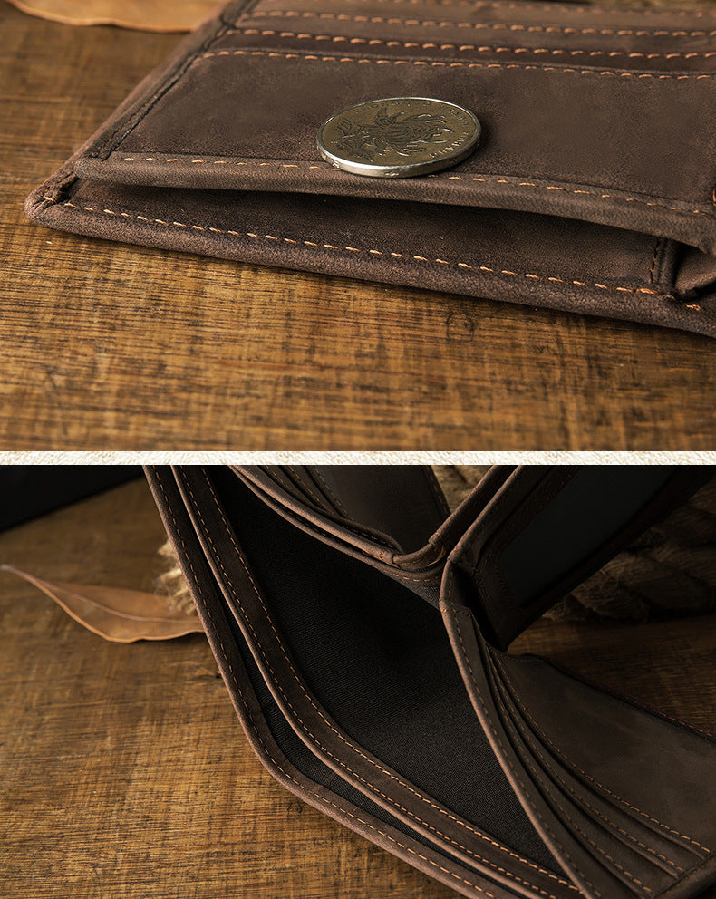 Men's Short Wallet Original Cowhide Genuine Leather Card Holder Retro Men's Wallet Card Bag 