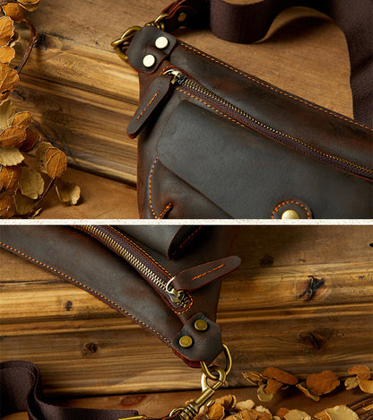 Men's Bust Bag Handmade Cowhide Genuine Leather Unique Waist Pouch Retro Casual Fashion Men's Crossbody Bag Shoulder Bag 