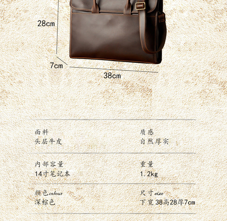 Men's Handbag Handbag Handmade Cowhide Genuine Leather Crazy Horse Crossbody Shoulder Bag Men's OL Business Casual Briefcase Computer Bag 