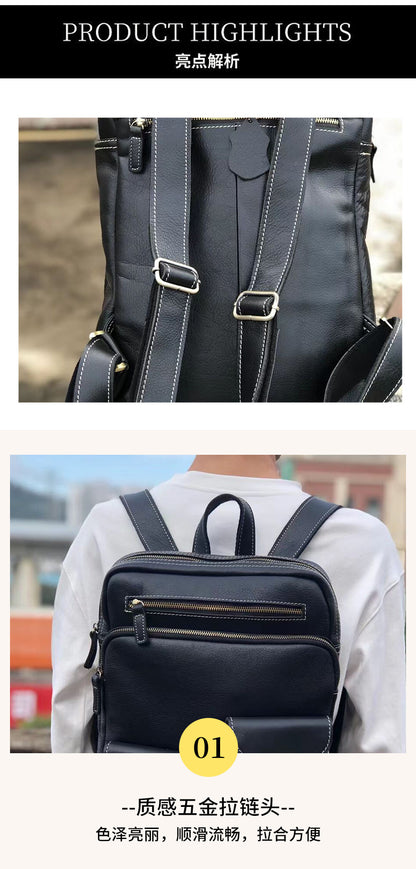 Men's backpack cowhide genuine leather retro fashion Korean fashion casual business handbag computer bag outdoor men's travel bag 