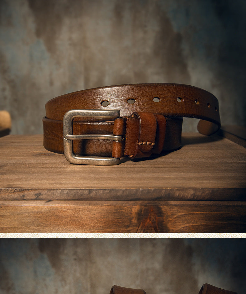 Men's Belt Genuine Cowhide Leather Handmade Needle Buckle Simple Casual Vintage Fashion Men's Belt 