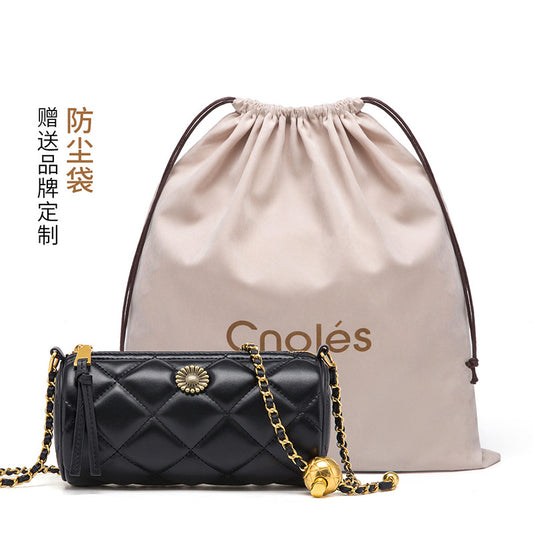 Women's genuine leather plaid cylindrical bag Crossbody bag Mini fashion chain bag Shoulder bag that goes with anything. Pochette