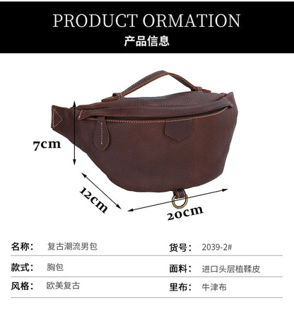 Men's Bust Bag Genuine Cowhide Leather Retro Casual Fashion Waist Pouch Shoulder Bag Crossbody Bag for Men 