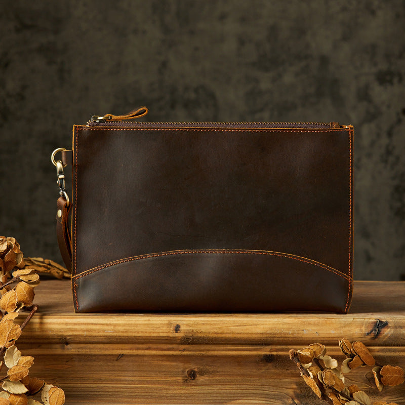 Men's Wallet Handcrafted Genuine Cowhide Leather Retro Zipper Simple Clutch Bag Men's Wallet 