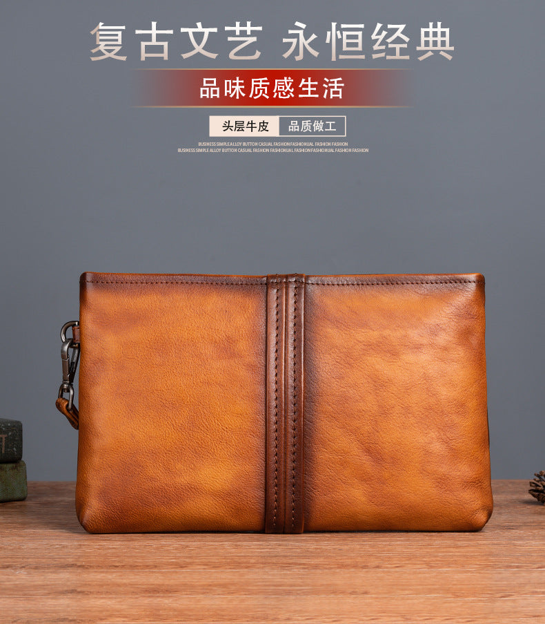 Men's Clutch Bag Genuine Cowhide Leather Retro Casual Men's Handbag 