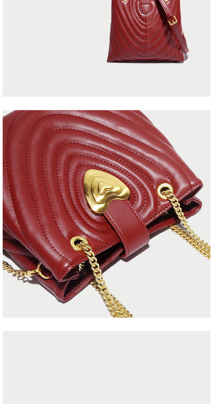 Women's Bag Heart Bag Fashion Genuine Leather Bag Bucket Bag Chain Bag Trendy Shoulder Bag.Pochette