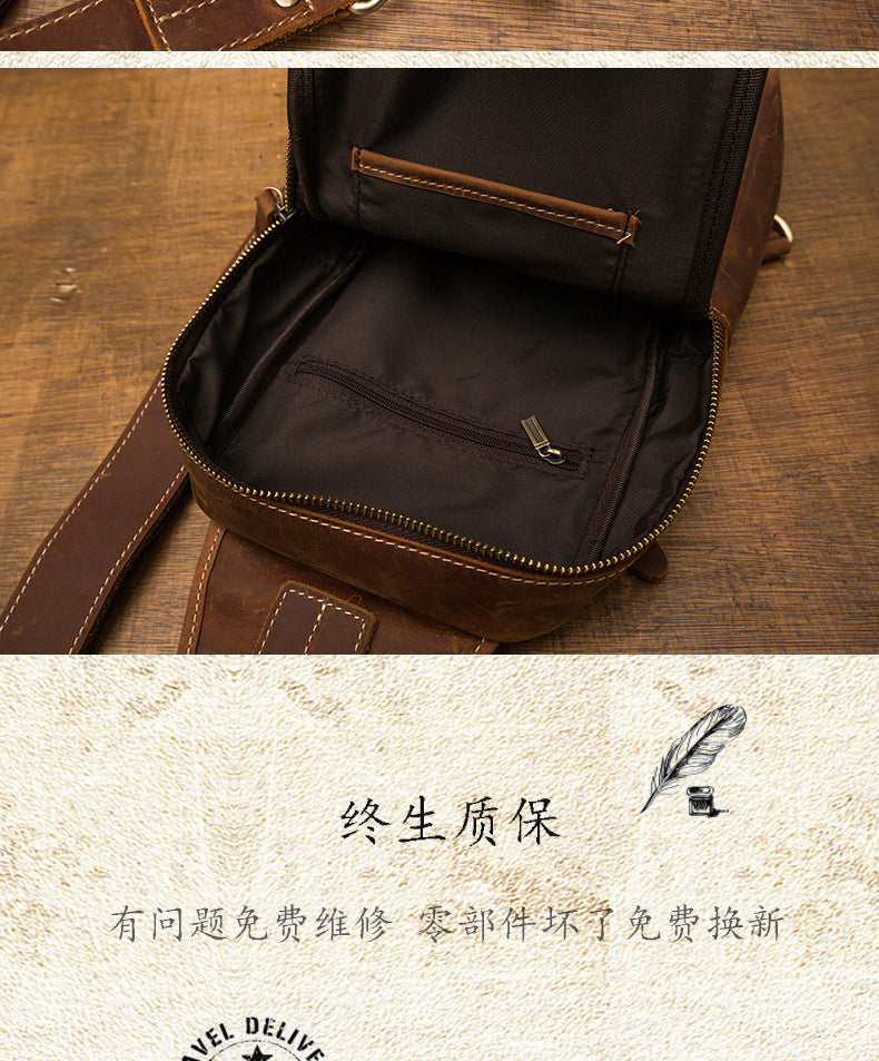 Men's Bust Bag Handmade Genuine Cowhide Leather Crazy Horse Retro Fashion Casual Crossbody Bag Shoulder Bag 