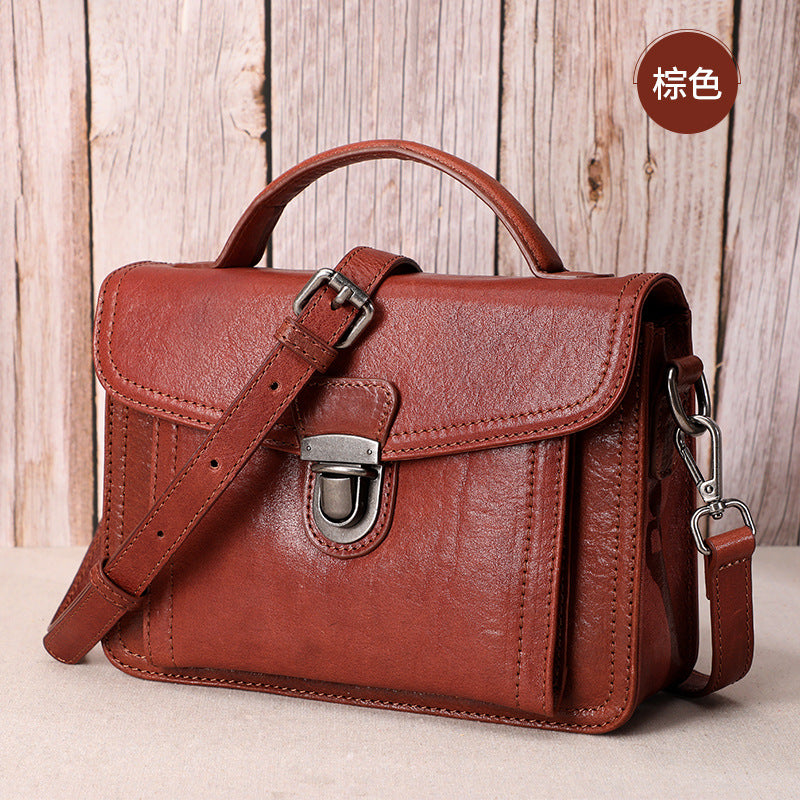 Women's Bag Handmade Genuine Leather Handbag Top Cowhide Square Bag Retro Shoulder Bag.Pochette