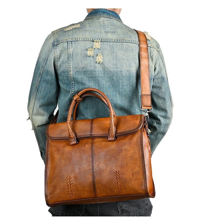 Men's briefcase genuine cowhide leather simple fashion retro casual business men's handbag computer bag 