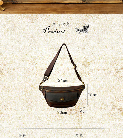 Men's Bust Bag Handmade Cowhide Genuine Leather Unique Waist Pouch Retro Casual Fashion Men's Crossbody Bag Shoulder Bag 