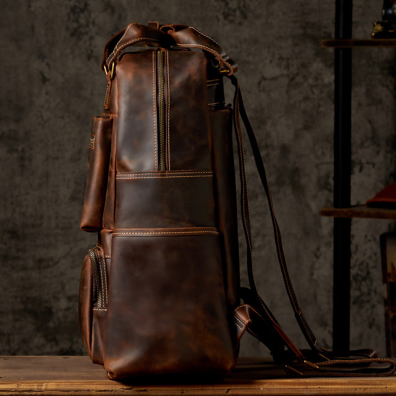 Men's Backpack Handmade Cowhide Genuine Leather Crazy Horse Retro Large Capacity Computer Bag Casual Fashion Business Travel Bag 