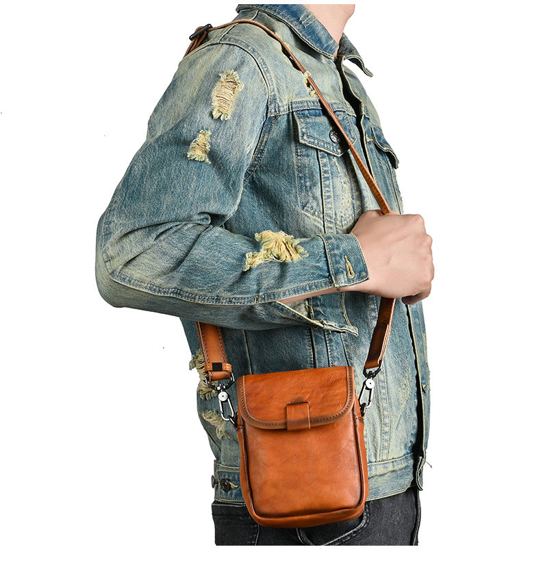 Men's Shoulder Bag Genuine Cowhide Leather Retro Casual Travel Bag Men Crossbody Bag Smartphone Pouch 