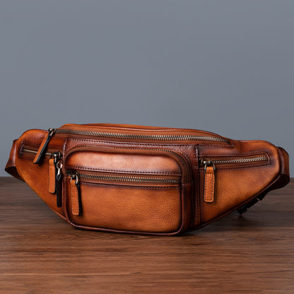 Men's Waist Pouch Genuine Cowhide Leather Retro Casual Bust Bag for Men 