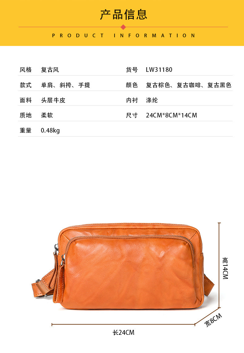 Men's Crossbody Bag Cowhide Genuine Leather Retro Casual Versatile Male Shoulder Bag Clutch Bag 