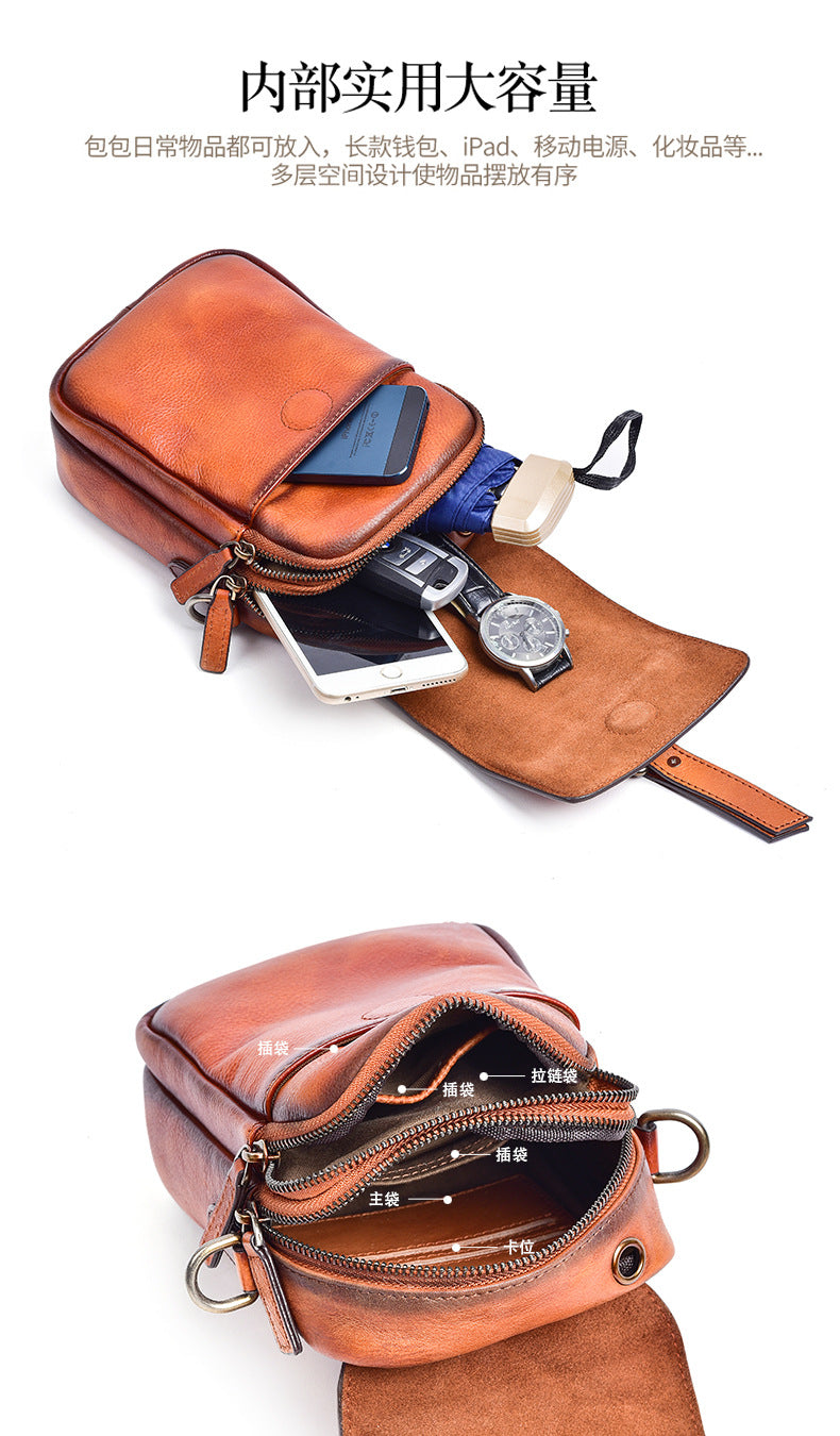 Men's Shoulder Bag Genuine Cowhide Leather Retro Casual Unisex Crossbody Bag 