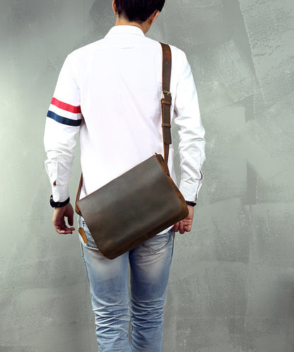 Men's Messenger Bag Handmade Genuine Cowhide Leather Crazy Horse Retro Casual Shoulder Bag Crossbody Computer Bag 