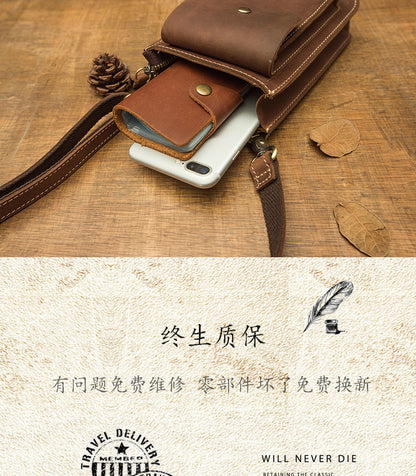 Men's Shoulder Bag Handmade Genuine Cowhide Leather Crazy Horse Men's Crossbody Bag Smartphone Pouch Waist Pouch 