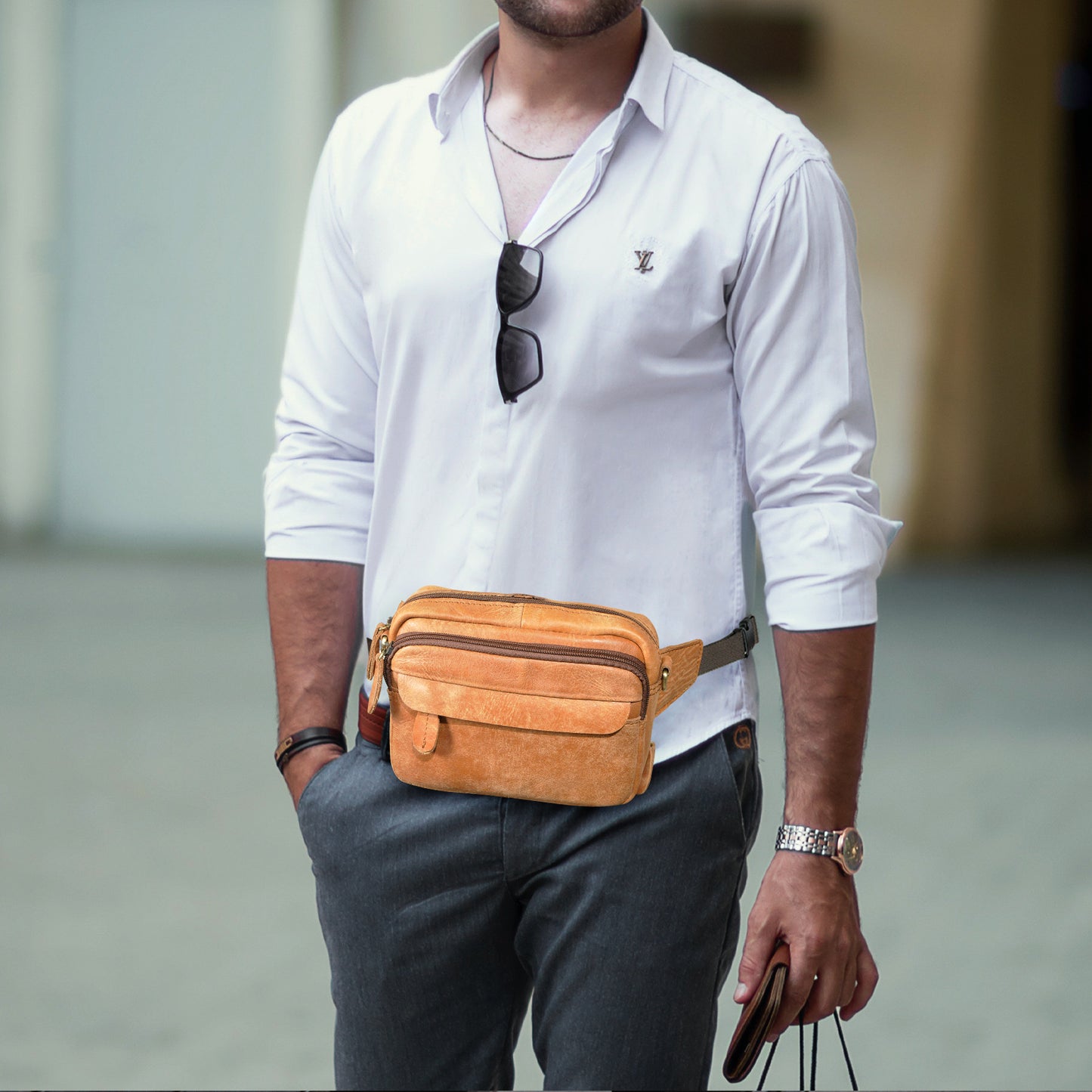 Men's Waist Pouch Cowhide Genuine Leather Simple Fashion Retro Outdoor Men's Bust Bag Shoulder Bag 