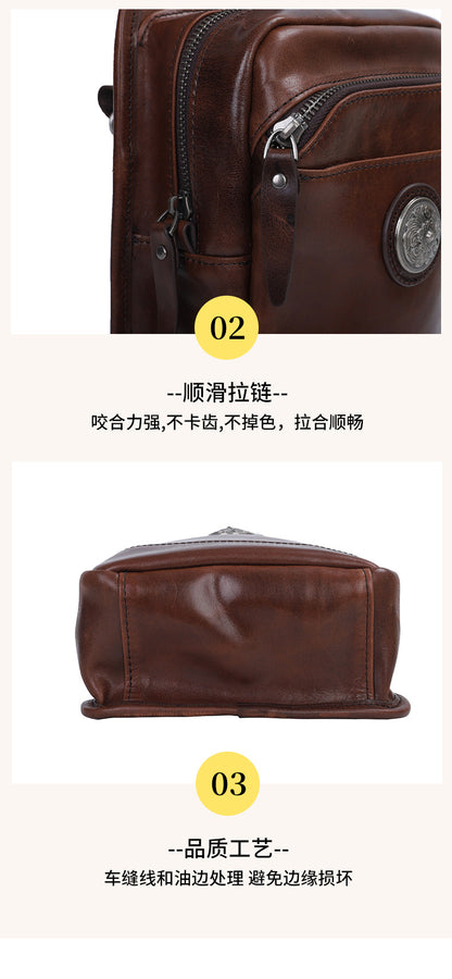 Men's Bust Bag Genuine Cowhide Leather Crazy Horse Retro Casual Shoulder Bag Men's Crossbody Bag 