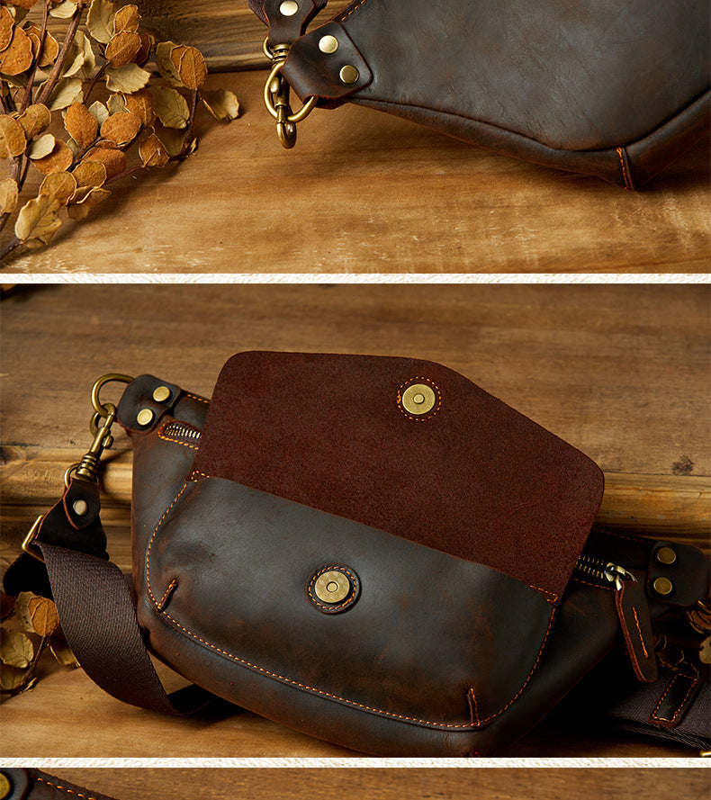 Men's Bust Bag Handmade Cowhide Genuine Leather Unique Waist Pouch Retro Casual Fashion Men's Crossbody Bag Shoulder Bag 