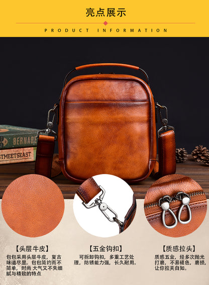 Men's Shoulder Bag Genuine Cowhide Leather Retro Casual Crossbody Bag for Men 