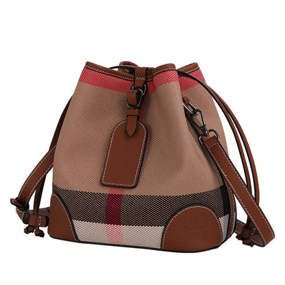 Ladies bag plaid cowhide leather bucket bag fashion color matching shoulder bag. Pochette