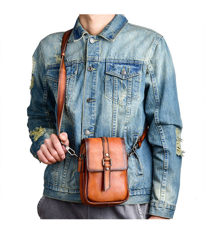 Men's Shoulder Bag Genuine Cowhide Leather Retro Casual Unisex Crossbody Bag 