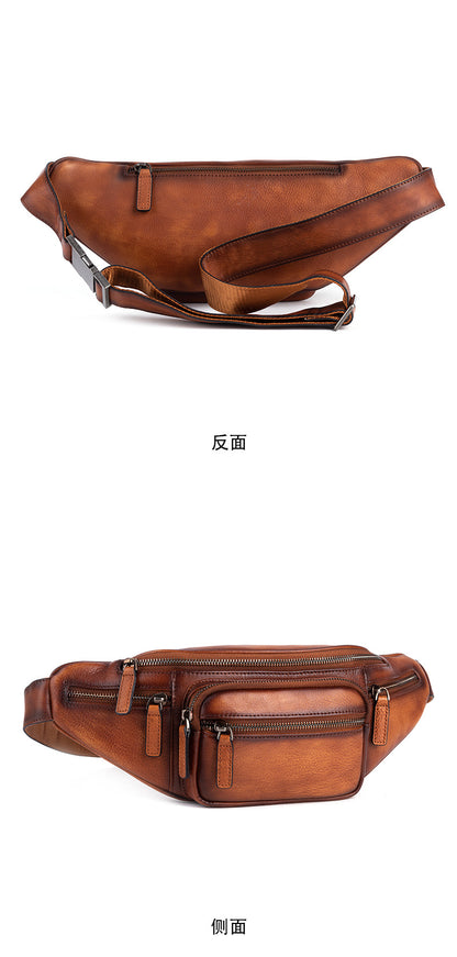 Men's Waist Pouch Genuine Cowhide Leather Retro Casual Bust Bag for Men 