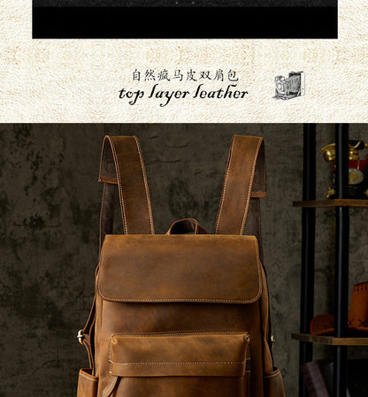 Men's Backpack Handcrafted Genuine Cowhide Leather Fashion Retro Crazy Horse Men's Travel Bag 