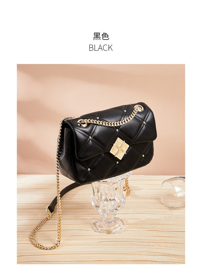 Women's bag Stylish genuine leather plaid chain bag Mini shoulder bag that goes with anything Elegant shoulder bag Pochette