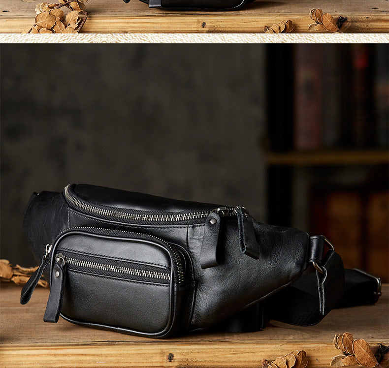 Men's Waist Pouch Handmade Cowhide Genuine Leather Sports Bust Bag Multifunctional Fashion Crossbody Bag for Men 