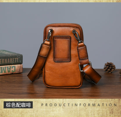 Men's Shoulder Bag Smartphone Pouch Cowhide Genuine Leather Retro Casual Crossbody Bag for Men 