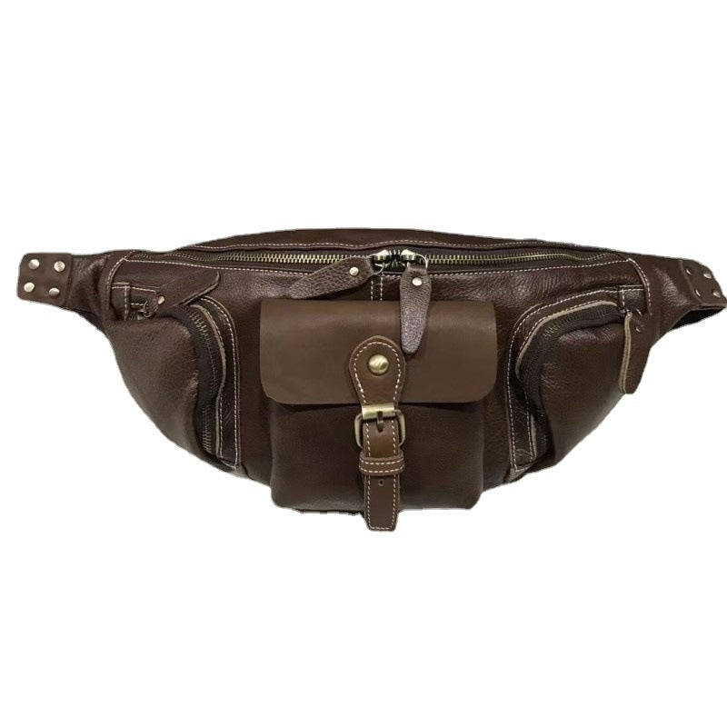 Men's Waist Pouch Genuine Cowhide Leather Crazy Horse Multifunctional Large Capacity Men's Crossbody Bag Smartphone Pouch Retro Casual Fashion Bust Bag 