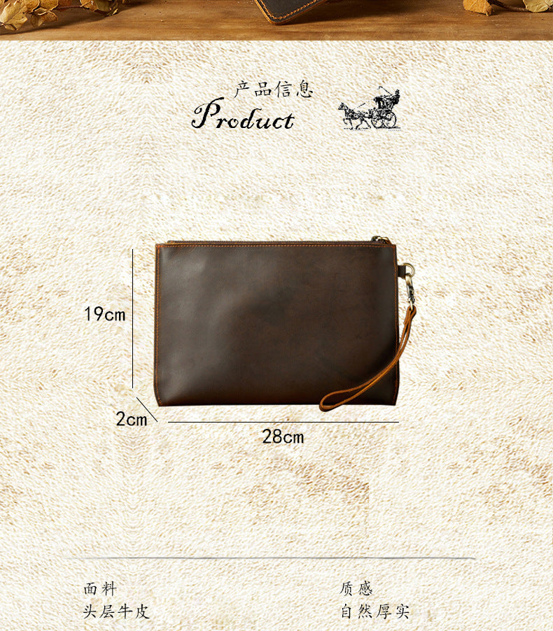 Men's Wallet Handcrafted Genuine Cowhide Leather Retro Zipper Simple Clutch Bag Men's Wallet 