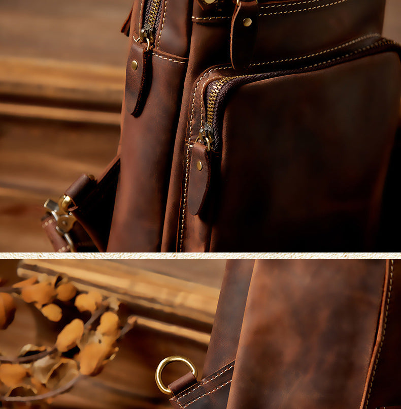 Men's Bust Bag Genuine Cowhide Leather Handmade Vintage Casual Large Capacity Men's Shoulder Bag Crossbody Bag 