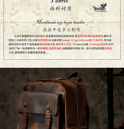 Men's Backpack Handmade Genuine Cowhide Leather Crazy Horse Retro Travel Bag Large Capacity Computer Bag Rucksack 