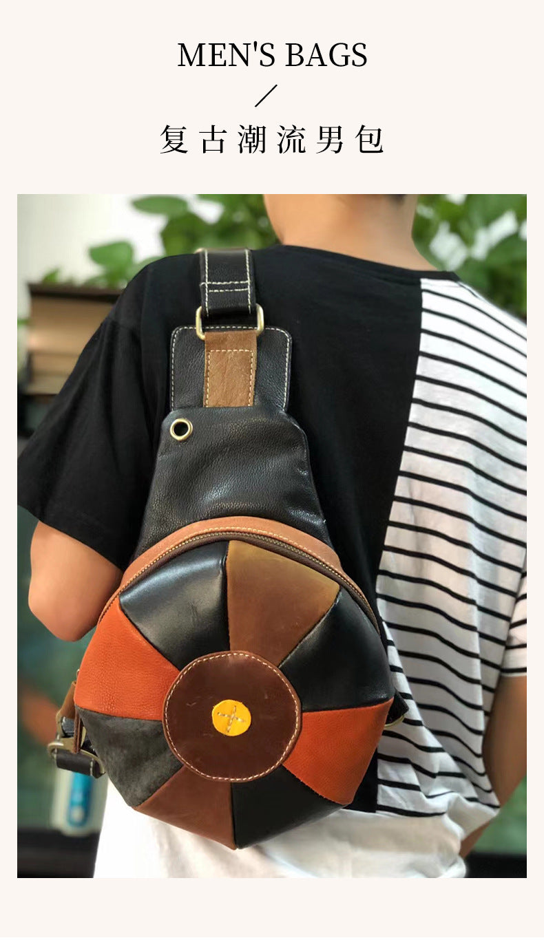 Men's Shoulder Bag Genuine Cowhide Leather Retro Fashion Hat Bag Bust Bag Men's Waist Pouch Crossbody Bag 