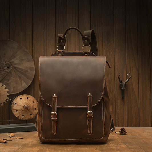 Men's Rucksack Genuine Cowhide Leather Handmade Korean Fashion Unique Travel Computer Bag for Men 