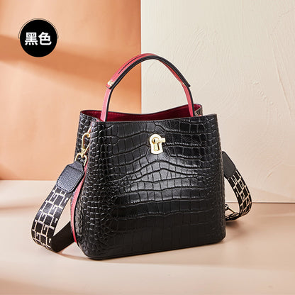 Genuine leather women's bag casual fashion bucket bag crocodile pattern shoulder bag broadband handbag.bag