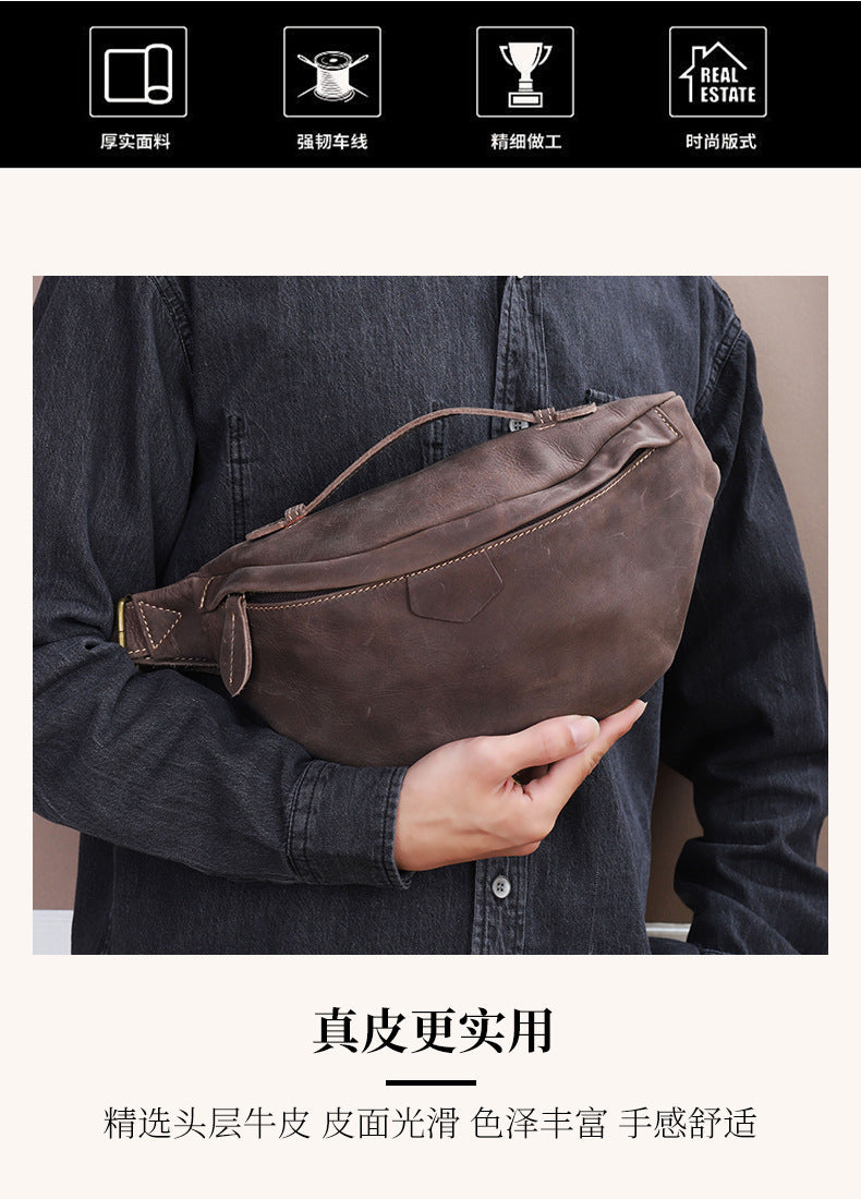 Men's Bust Bag Genuine Cowhide Leather Retro Casual Fashion Waist Pouch Shoulder Bag Crossbody Bag for Men 