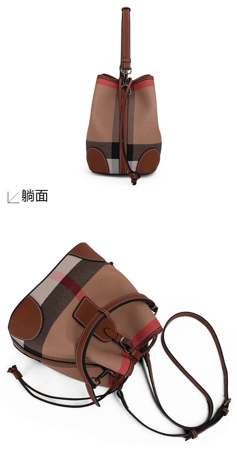 Ladies bag plaid cowhide leather bucket bag fashion color matching shoulder bag. Pochette