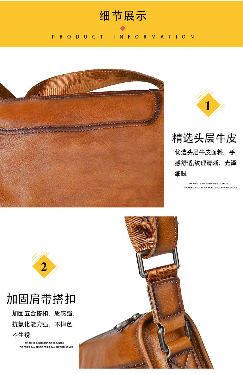 Men's Shoulder Bag Genuine Cowhide Leather Retro Casual Male Crossbody Bag 