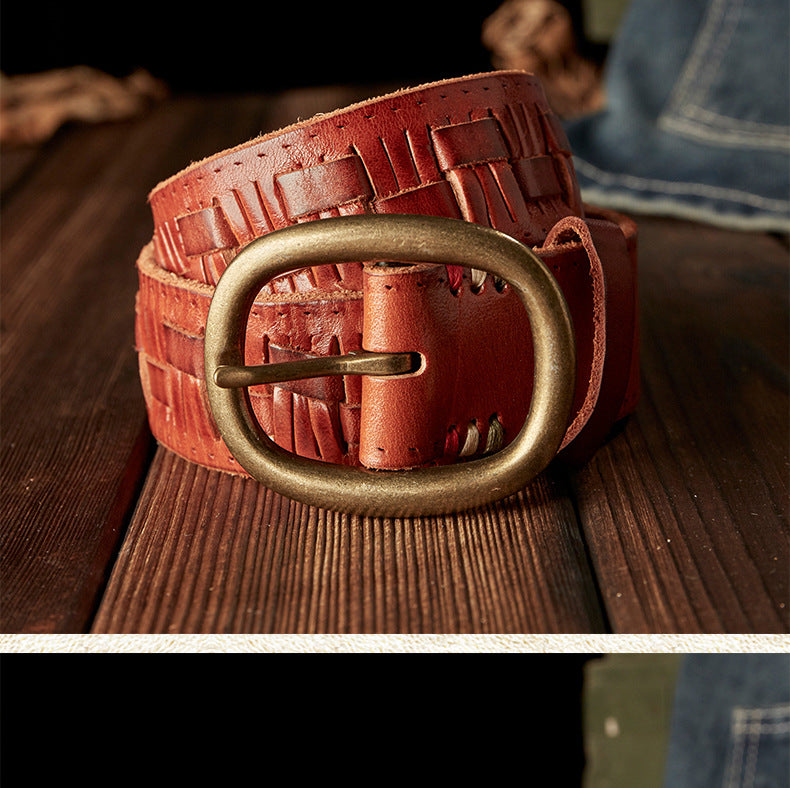 Men's Belt Hand-knitted Cowhide Genuine Leather Copper Needle Buckle Retro Fashion Personality Casual Men's Belt 