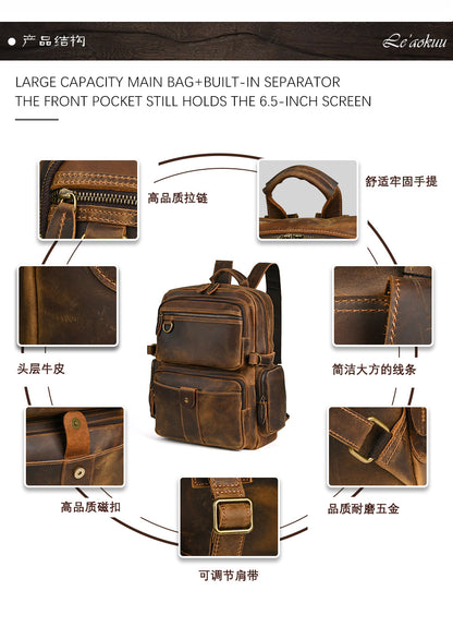 Men's backpack made of cowhide genuine leather large capacity retro casual men's business trip bag computer bag 