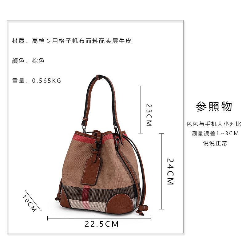 Ladies bag plaid cowhide leather bucket bag fashion color matching shoulder bag. Pochette