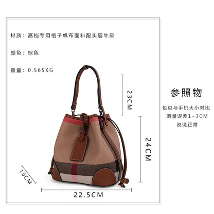 Ladies bag plaid cowhide leather bucket bag fashion color matching shoulder bag. Pochette