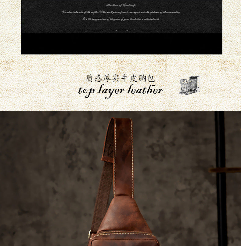 Men's Bust Bag Genuine Cowhide Leather Handmade Vintage Casual Large Capacity Men's Shoulder Bag Crossbody Bag 